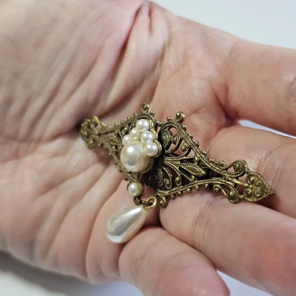 Vintage Victorian Style Filigree & Pearls Pearl Drop Brooch Gilded Brass Metal